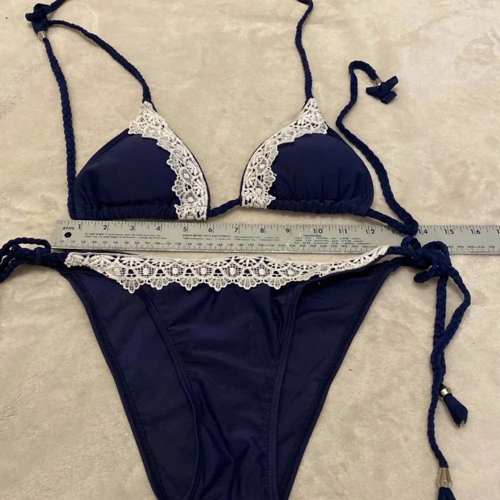 Elegant Navy Bikini with White Lace Trim